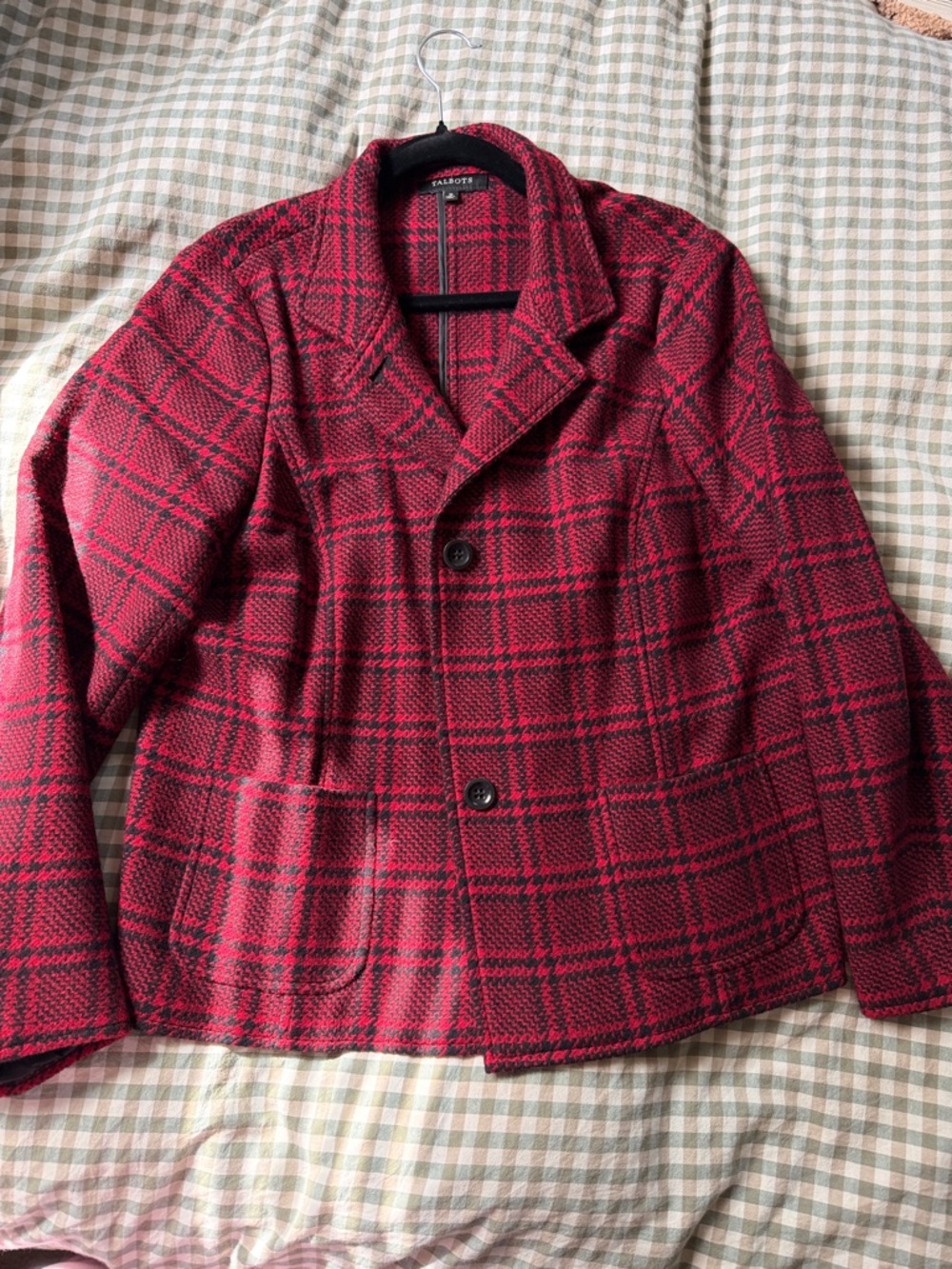 Talbots Red and Black Plaid Wool-Blend Casual Blazer